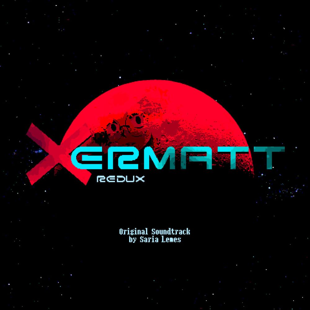 Cover for the Xermatt Redux soundtrack. It's a pixel art of a planet in space, the top half is in red and the bottom half is covered in shadow, blending with the black background,  but hiding the stars. On the red part you can partially see a girl with glasses looking scared at the camera. The game's logo is at the center in front of it.