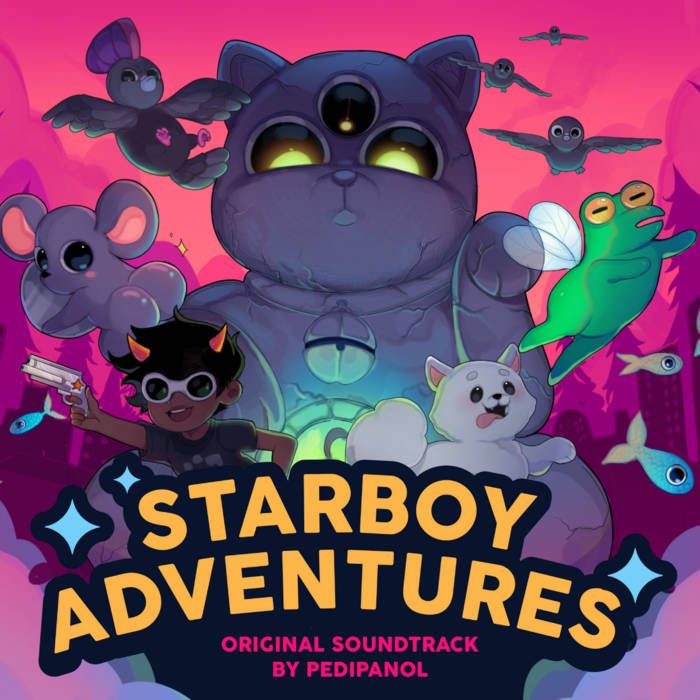 Cover of the Starboy Adventures' soundtrack. The game's protagonist is a black kid with black emo hair and orange horns, wearing sunglasses with a white rim and a black shirt with white detail. The picture also have severay enemies of the game, including a rat with a big butt facing the camera, a pigeon with a mohawk, and a big three eyed Manekineko in the background.