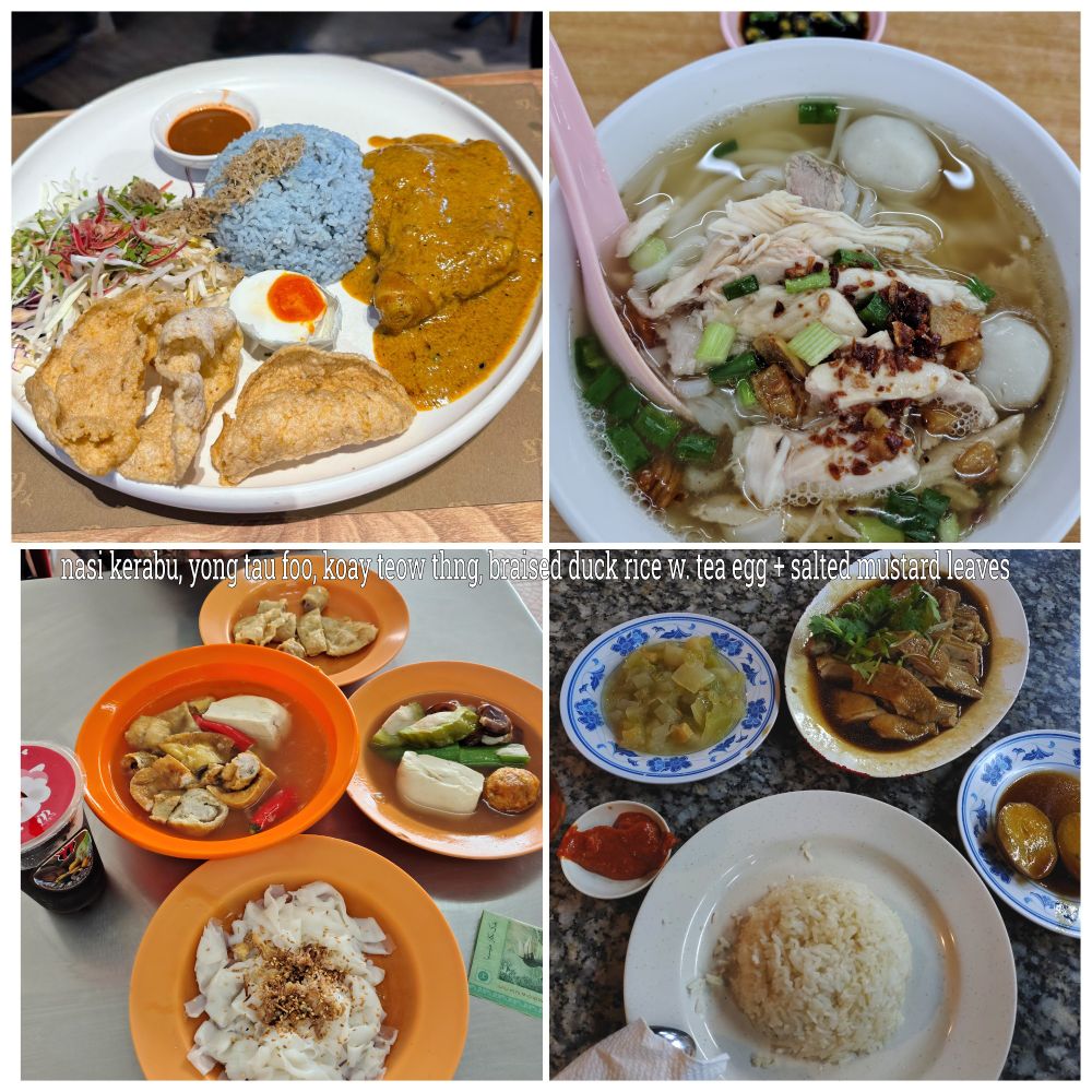 (from top left, clockwise) nasi kerabu, koay teow thng, braised duck rice with tea cured egg, yong tau foo. 