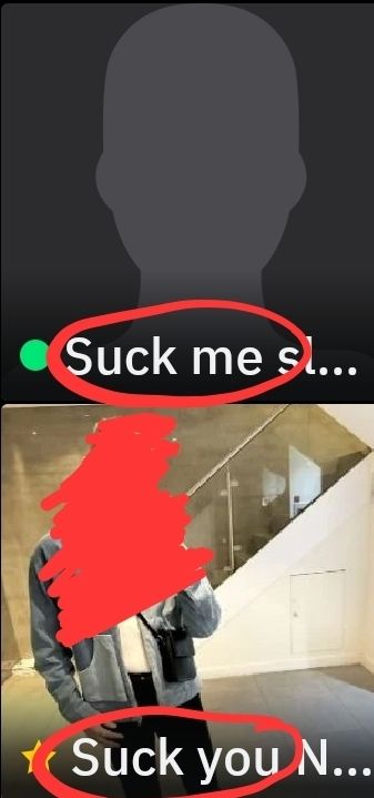 A Grindr screenshot of two profiles, the top one says "suck me", the bottom one says "suck you"