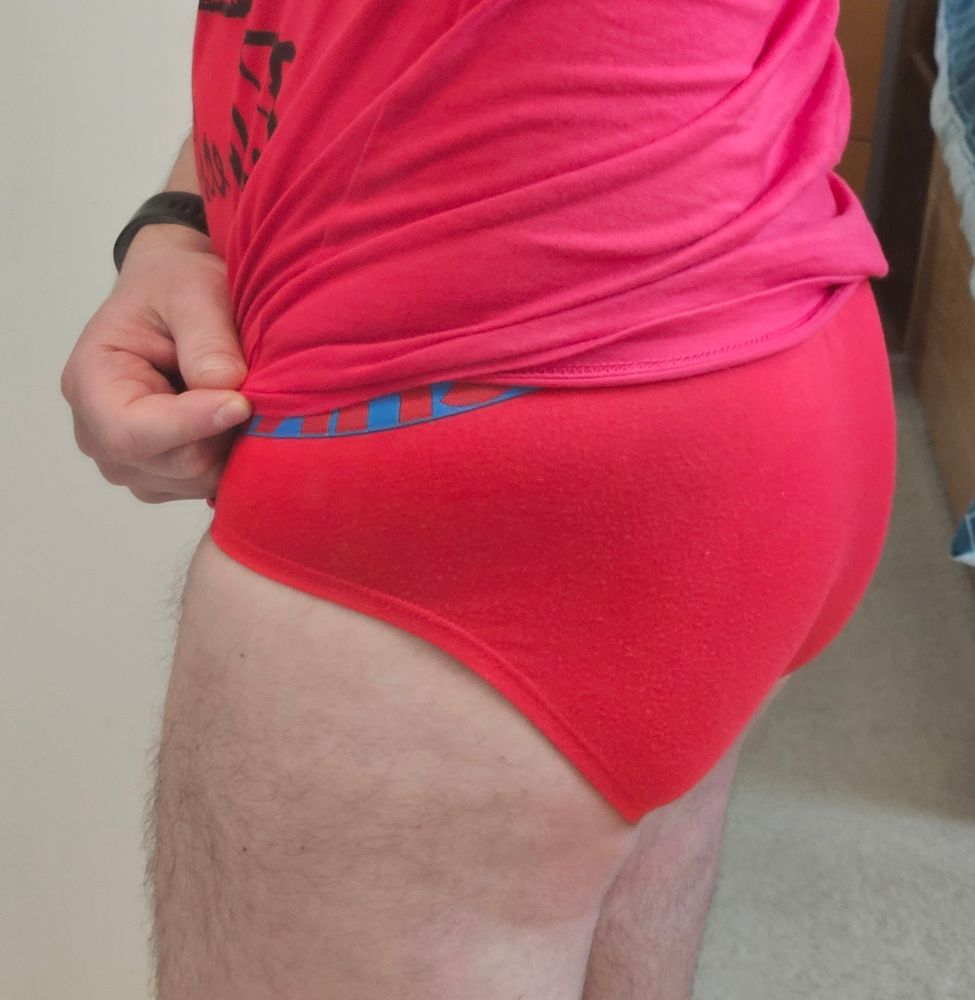 My butt in red briefs, featuring my also red t-shirt