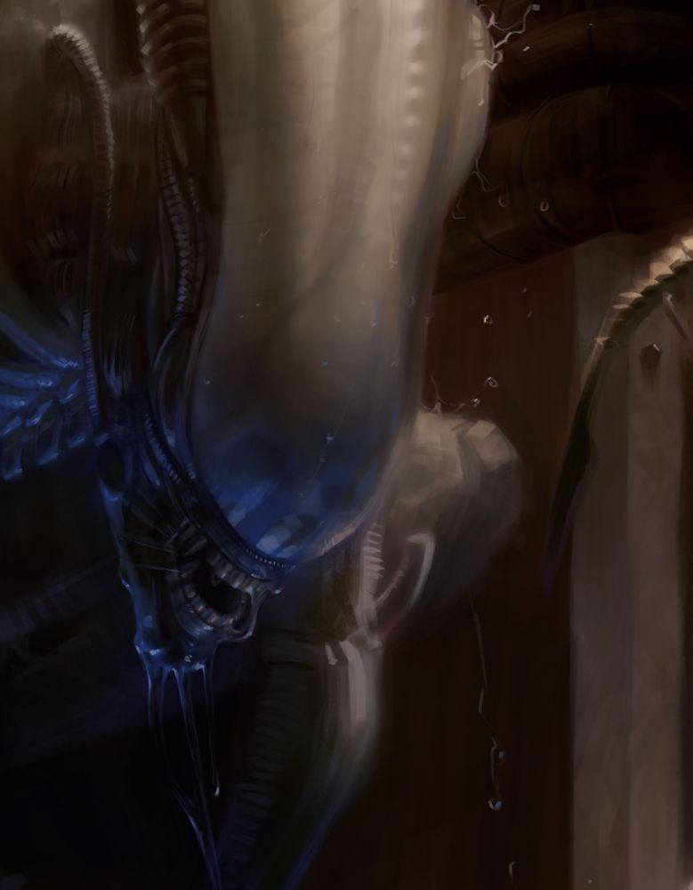 A close-up of the xenomorph's face to highlight the human skull beneath its dome.