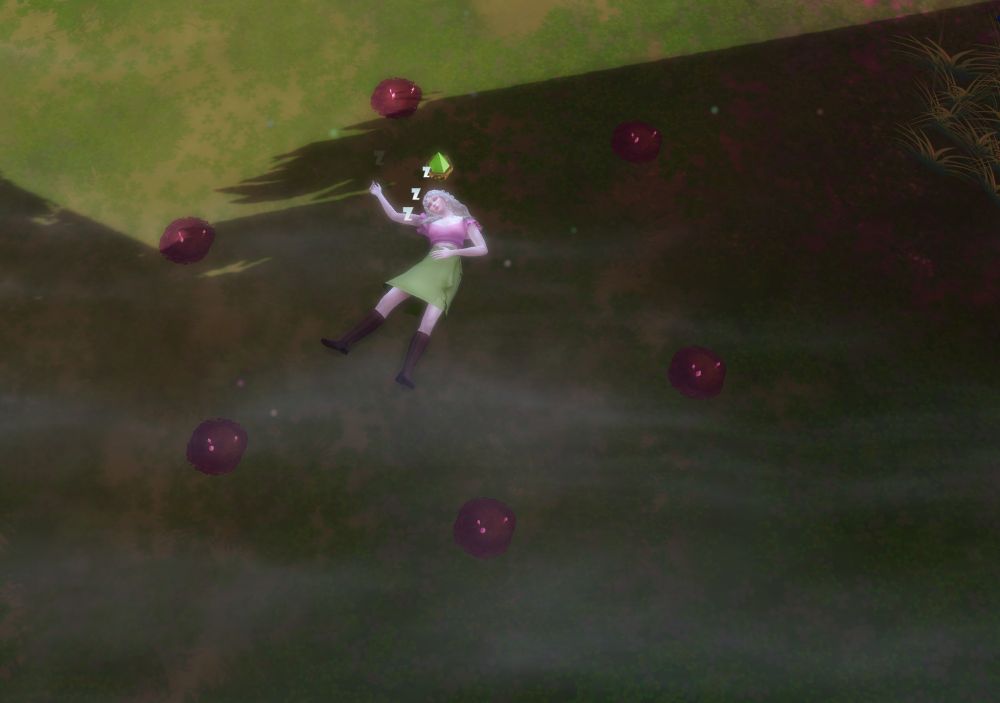 A blonde female Sim takes a nap in the center of a fairy circle.