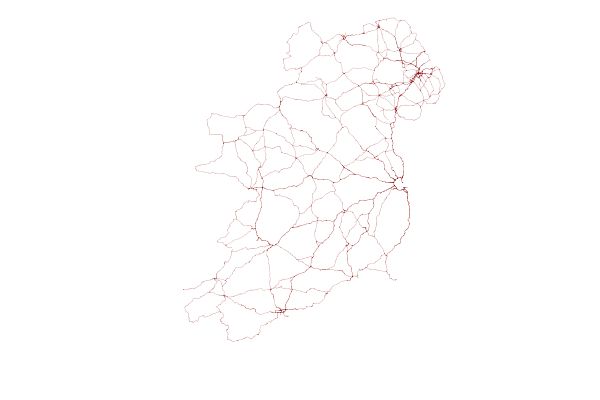 Map of the island of Ireland drawn only with major roads