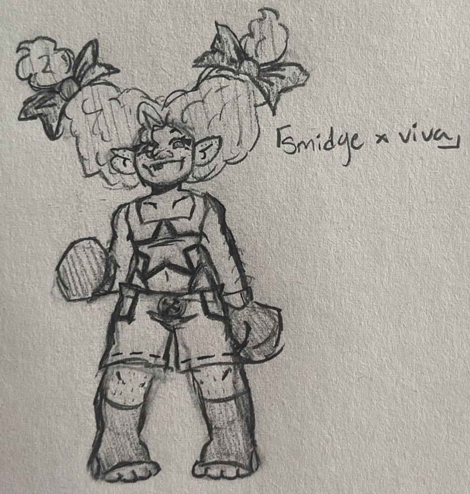 a smiva (smidge x viva) ship kid. she is a boxer, wearing boxing gloves, a bodysuit with a star on it, baggy shorts, and a pair of toeless athletic socks. her curly hair is tied up into two twin tails, a spiky bow on each end, and a curl hangs in front of her face. she also has long eyelashes, body hair, freckles, a bite taken out of her ear, and a missing tooth.