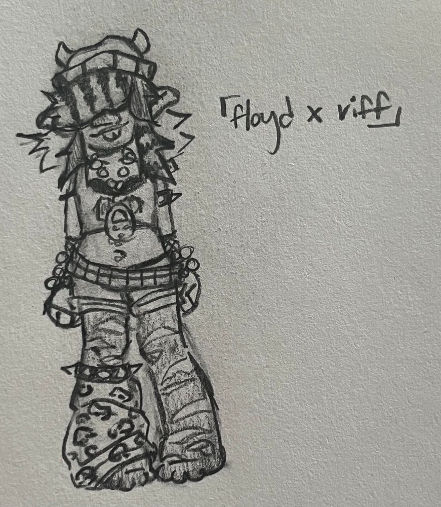 a fliff (floyd x riff) ship kid. they wear a cropped tank top, a bralette beneath the tank top, a pair of shorts, a studded belt, ripped tights, a leopard print leg warmer on their right leg, and a beanie with devil horns on it. they have classic scene hair, with their front bang being raccoon print and covering their eyes, and one of their side bangs matching it. they also have various kandi bracelets, fishnet gloves, a spiked arm band, a spiked garter above their leg warmer, and a tamagotchi on their necklace.