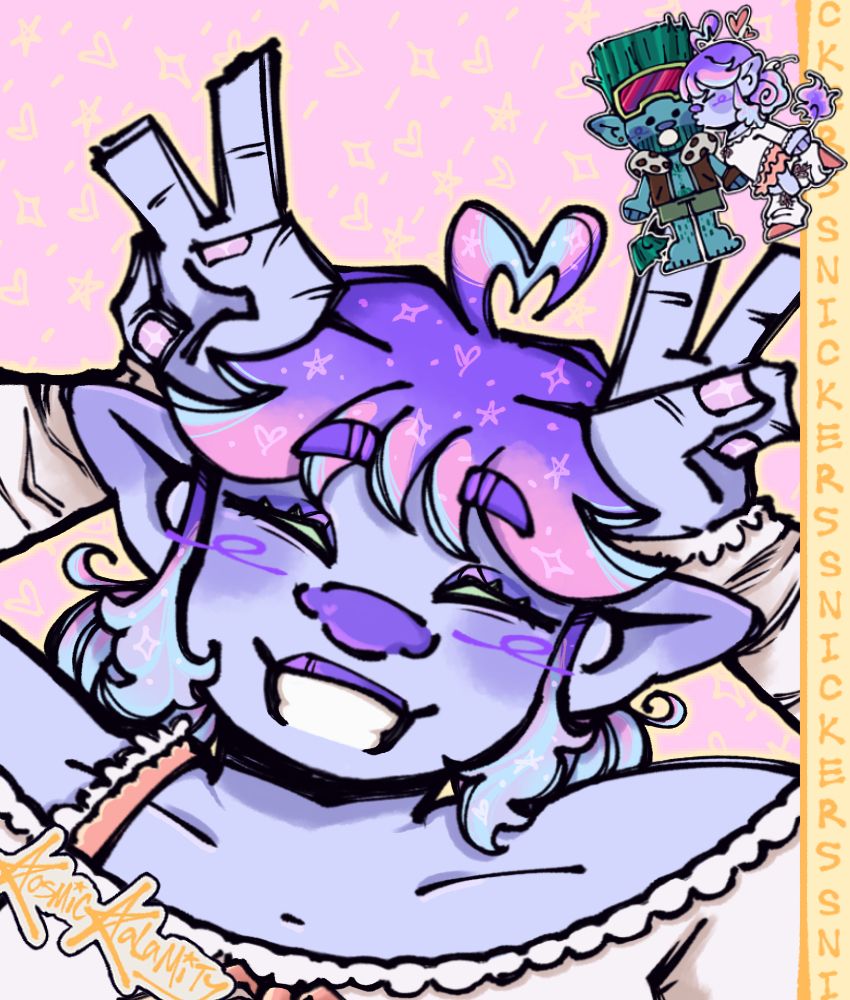 a digital drawing of snickers' (@snickerssweets.bsky.social) trollsona. the trollsona is a pastel purple troll with green eyes and a purple nose. her hair is purple with dyed pink and blue sections, and it's tied up into two buns; a piece of it sticks up in the shape of a heart, and there are sparkles all over in the shape of hearts, stars, and twinkles. her nails are painted a pastel pink with little twinkles painted on. a bit of her outfit is visible, showing a frilly cream colored shirt with a light orange bow. she smiles wide at the viewer, and her hands are stuck up in piece signs. on the sides, there's the artist's signature and a smaller version of the second image, both in the form of stickers.
