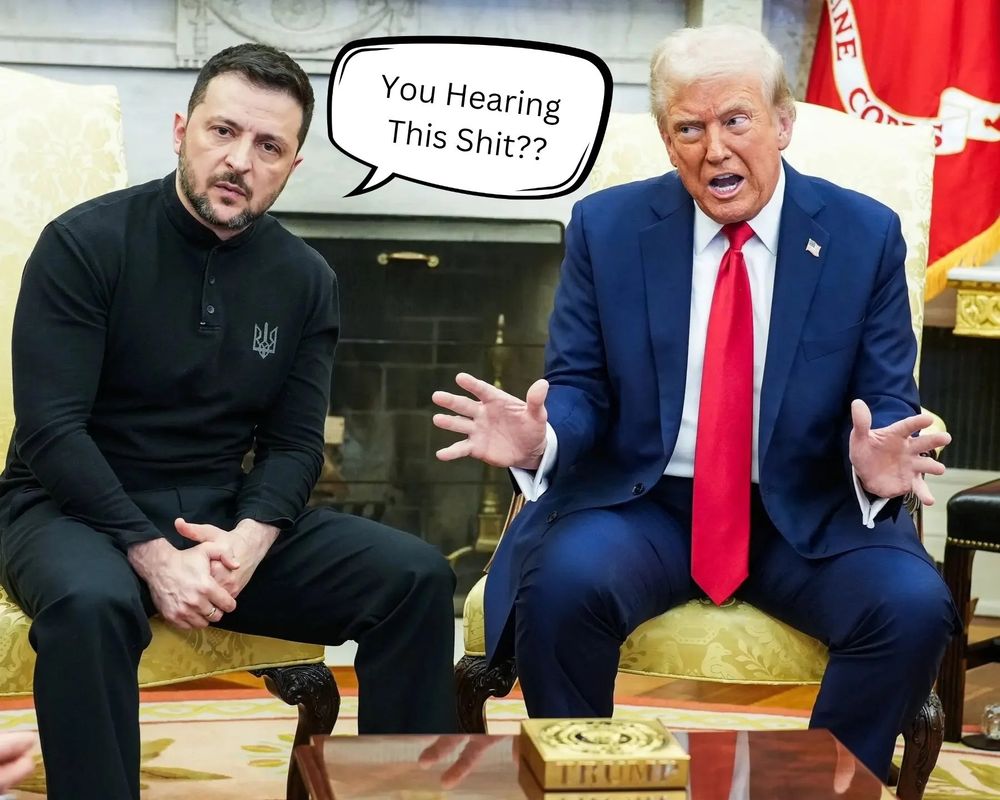 Zelensky looking confused, Felon Pedo talking The conversation bubble from Zelensky: You hearing this shit?