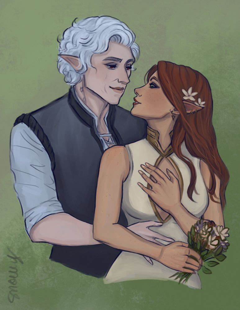 A sketch of Astarion and Syanna on a green background, looking at each other