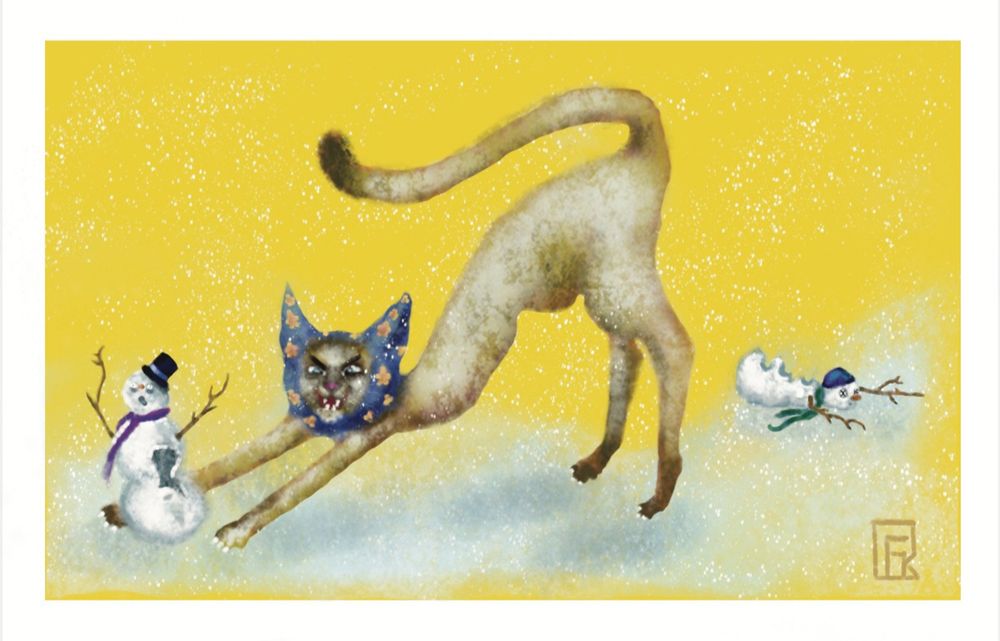 Original drawing of a Yule Cat in a blue bonnet leaning into a terrified snow person with a chunk of snow missing from their body. Another snow person lays in the snow in the background unmoving, with many chunks missing from their body