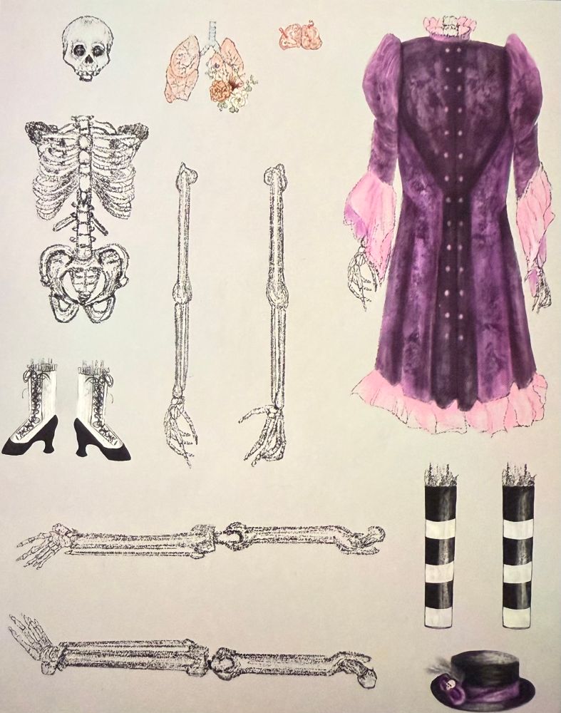 Main page of a fem presenting skeleton, paper doll kit. Skeleton comes with a dress, striped stockings, a hat shoes, lungs, and a brain 