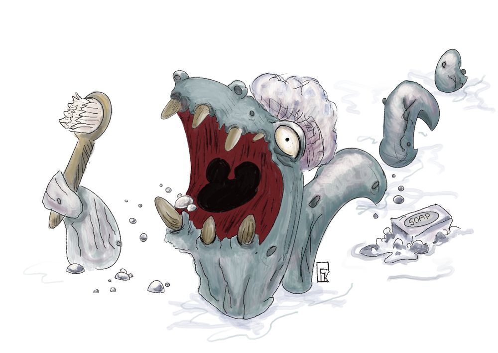 A drawing of a very surprised Loch Ness Monster, in the middle of taking a bath with a scrub brush in her fin, soap floating in the water, and a shower cap on her head 