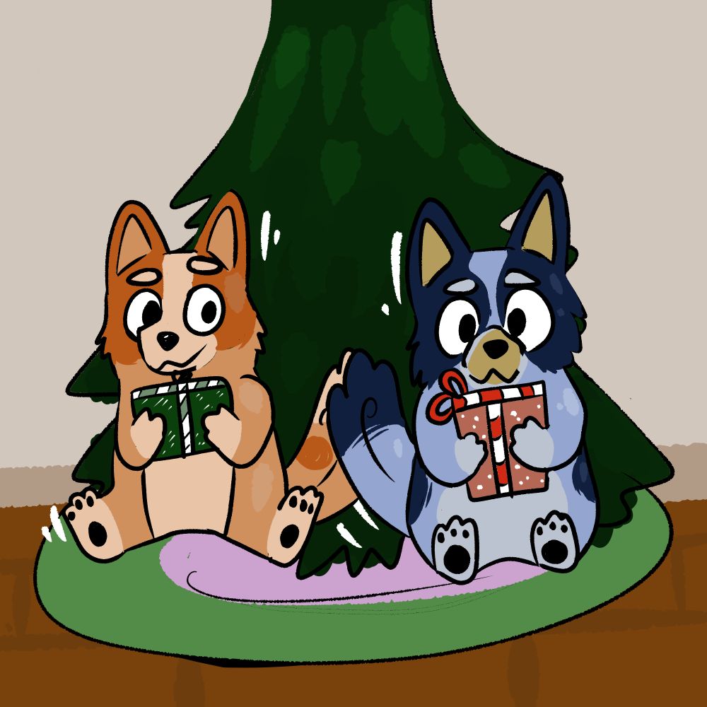 A picture of two characters from the popular kids show 'Bluey'. Bingo (a red heeler dog) and her older sister Bluey (a blue heeler) are next to each other in front of a Christmas tree. The dogs have gifts in their hands and are happy. 