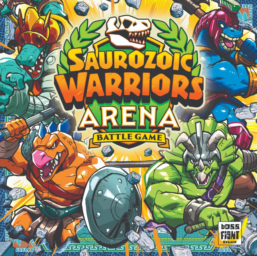 Colorful front of box art of the Saurozoic Warriors Arena Game boxart.  Four anthropomorphic dinosaur warriors bust through a mosaic.  