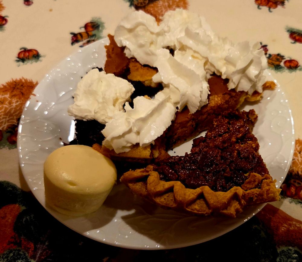 Single serving cheesecake bite; pumpkin pie, chocolate cream pie, and pecan pie slices 