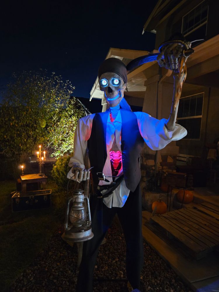 Large skeleton dressed as a pirate and brandishing a saber. He's lit up from within and animatronic.