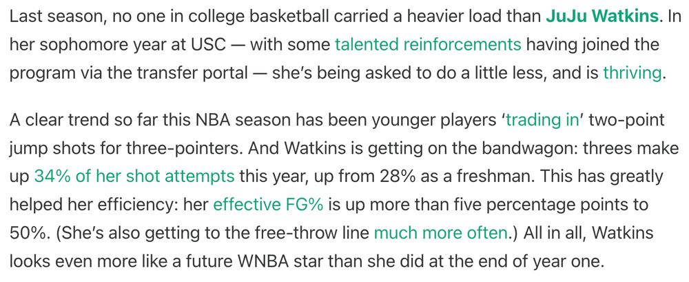 An excerpt from an edition of my newsletter, Plot the Ball, which you can read in full here: https://www.plottheball.com/i/153861782/juju-watkins-is-thriving-at-usc-with-a-lighter-workload