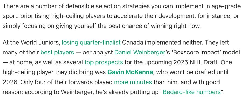 An excerpt from an edition of my newsletter, Plot the Ball, which you can read in full here: https://www.plottheball.com/i/153861782/mckenna-aside-canada-got-their-team-selection-wrong-at-the-wjc