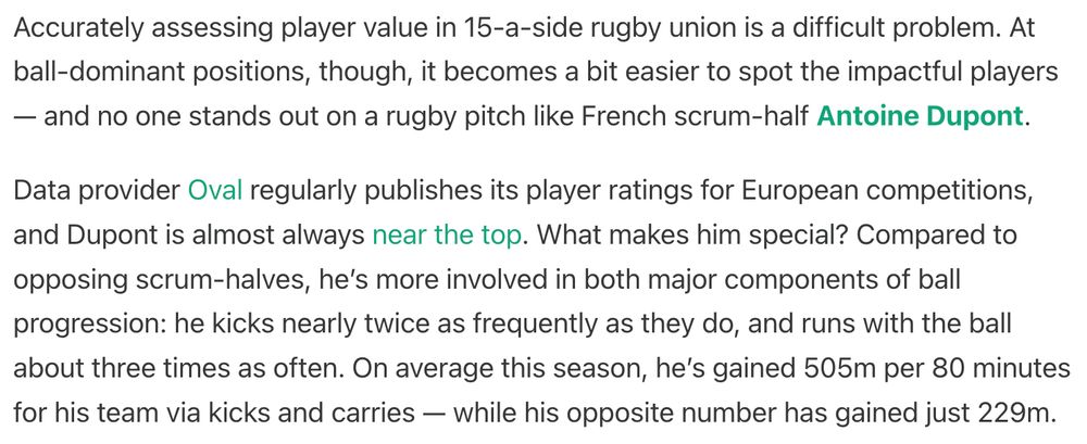 An excerpt from an edition of my newsletter, Plot the Ball, which you can read in full here: https://www.plottheball.com/i/154536615/french-scrum-half-antoine-dupont-is-a-ball-progression-machine