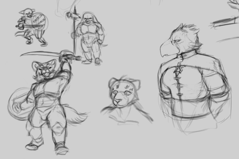 Various digital sketches of an anthro toucan, The Mute Queen, a small sketch of an anthro leopard/lion hybrid named Elek, and finally a bunch of small sketches of Dwarf Dogs / Duernine with weapons and in various poses of fighting or celebration. 