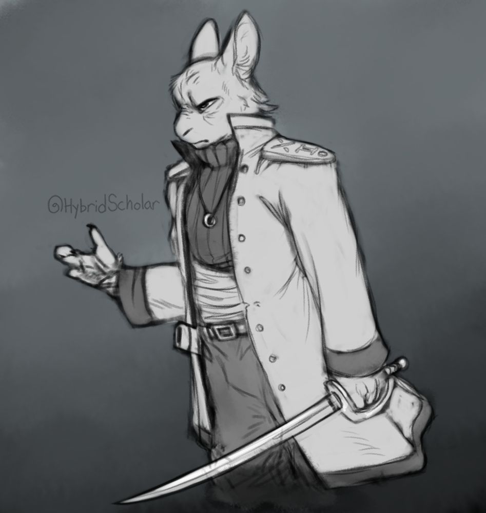 An anthropomorphic white rabbit, wearing a sweater, stomach wraps, pants, and a large jacket. It signifies they used to serve in the Doran Navy, though they are missing any indicator of rank. Half of their right hand is missing, only the pointer finger and thumb remain fully intact, it is healer and scarred now. In their other hand they hold a drawn saber. Around their neck hangs a ring threaded through a string. They hold a determined but bitter expression on their face.  