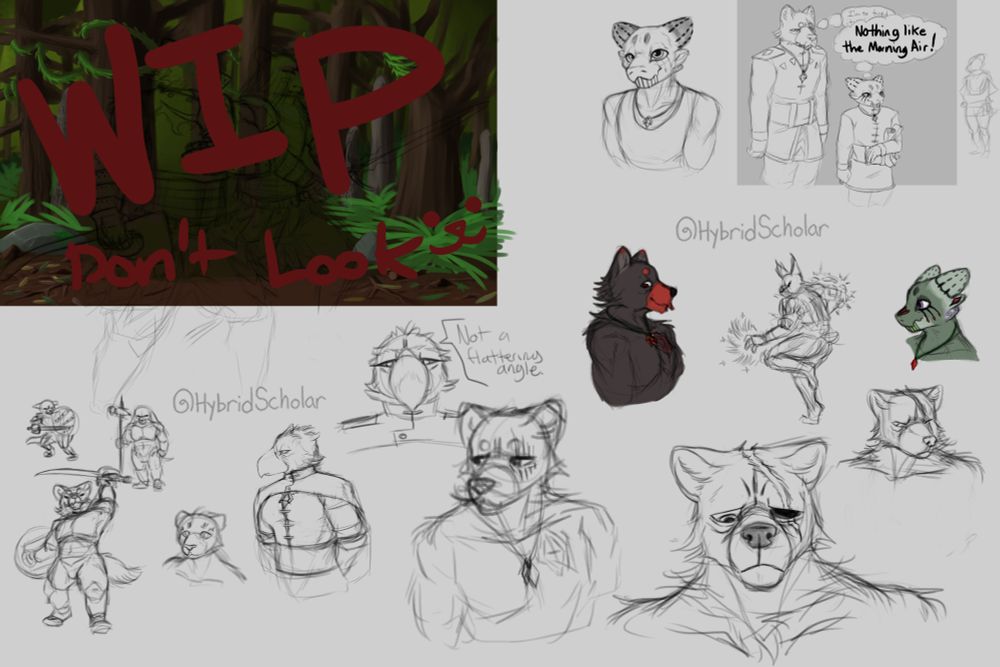 The full sketch page with the various sketches in the other images. But also a few more busts of Hel'rout and Obelisk that are rough sketches. At the top there is a "Work in Progress, Don't Look :3" text that is over a painted jungle background. 