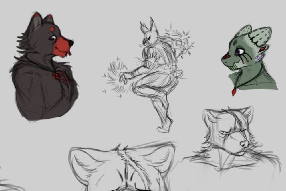 Multiple digital sketches of busts, either chest or shoulder up of three characters. Two anthro wolves, Obelisk and Hel'rout, and then a Kobold, Ehgra. Ehgra and Obelisk have their colors painted while everything else is just sketch work. In the center there is a nature mage casting while in a pose, in it they're standing on one leg, like they're leaping back.