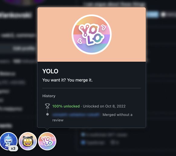 Screenshot of a popup with details of a github "YOLO" badge, given when you merge a PR without a review.