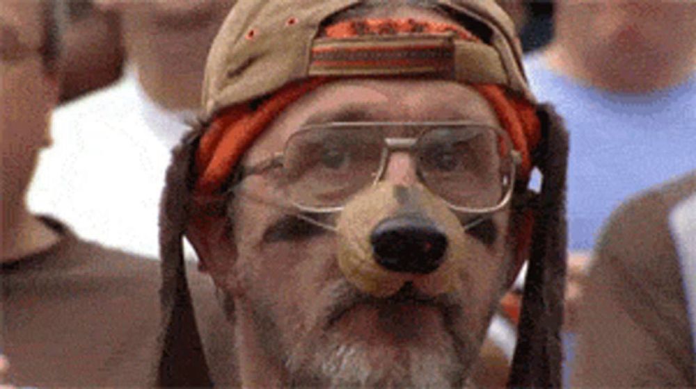 a man wearing a hat and glasses with a fake dog nose