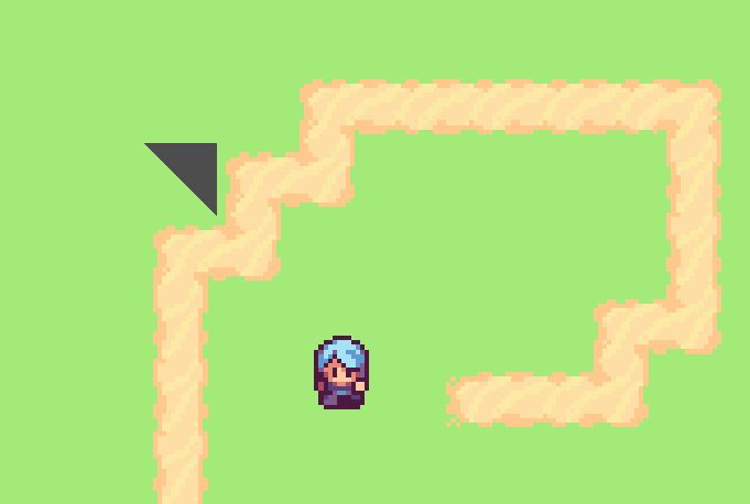A screenshot of a tile-based game. The background is green, and on top of it there's a spiraling dirt path, a blue-haired protagonist, and a dark gray triangle that shouldn't be there.
