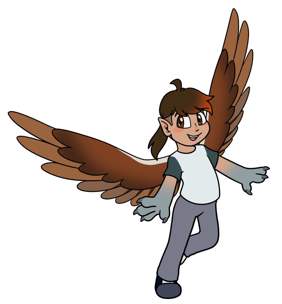 A doodle of a humanoid winged character named Sparrow