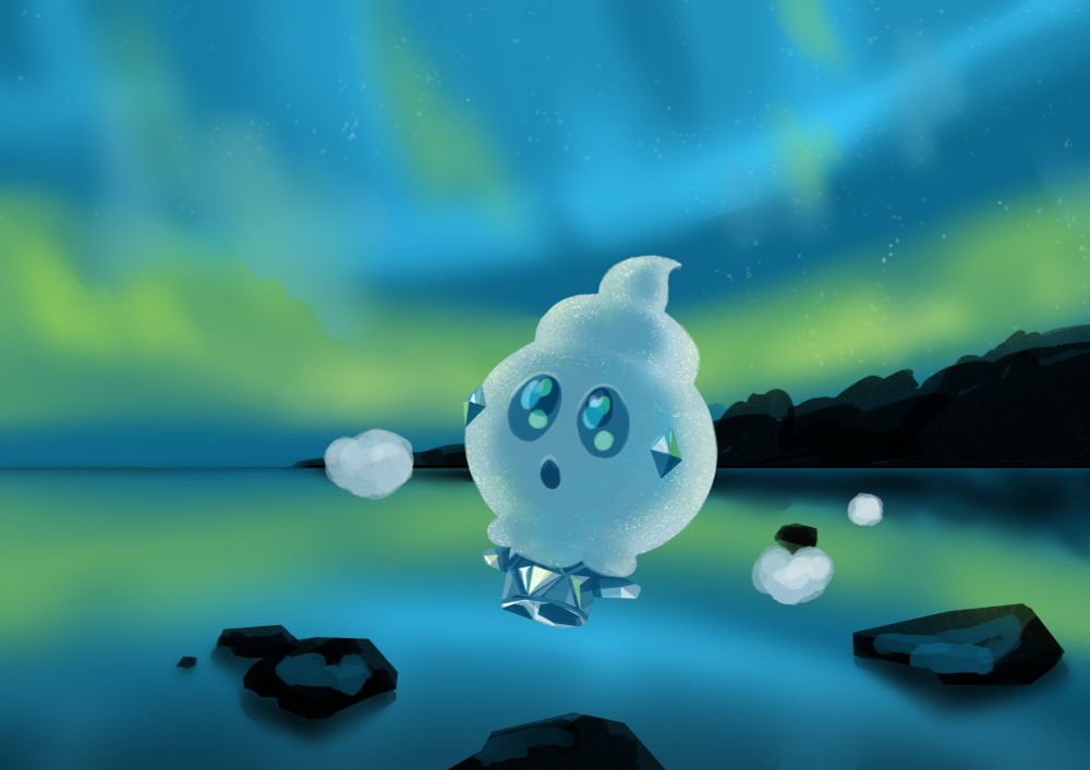 An illustration of the Pokémon Vanillite looking up at the aurora borealis 