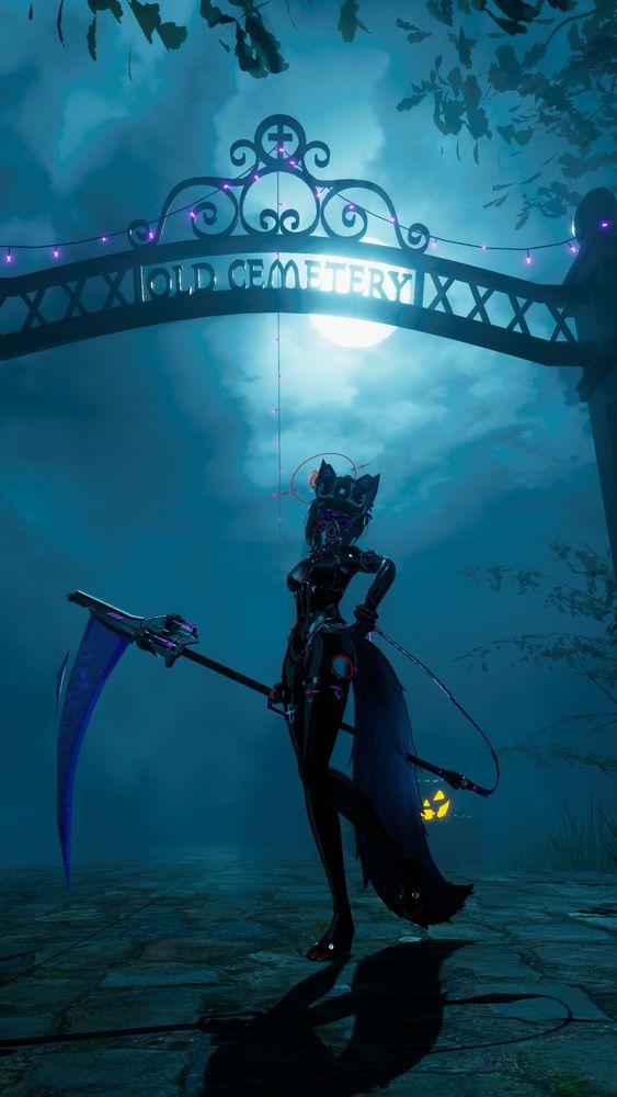 Kitsune in tight full body suit holding a scythe at the entrance of the Old cemetery
