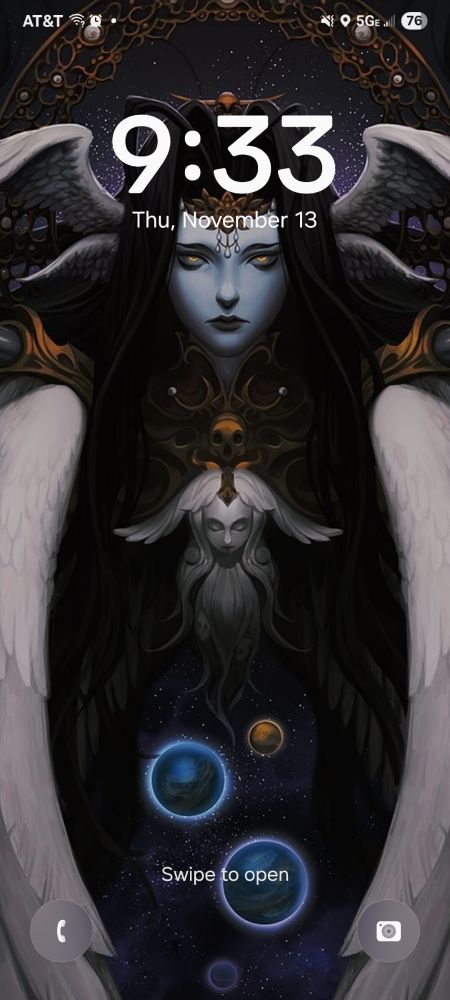 The endsinger from FFXIV Endwalker. She's a seraph larger than several planets which sit bottom center of the photo, almost embraced by her wings. She has pale blue-grey skin and gold eyes with a deadened gaze.