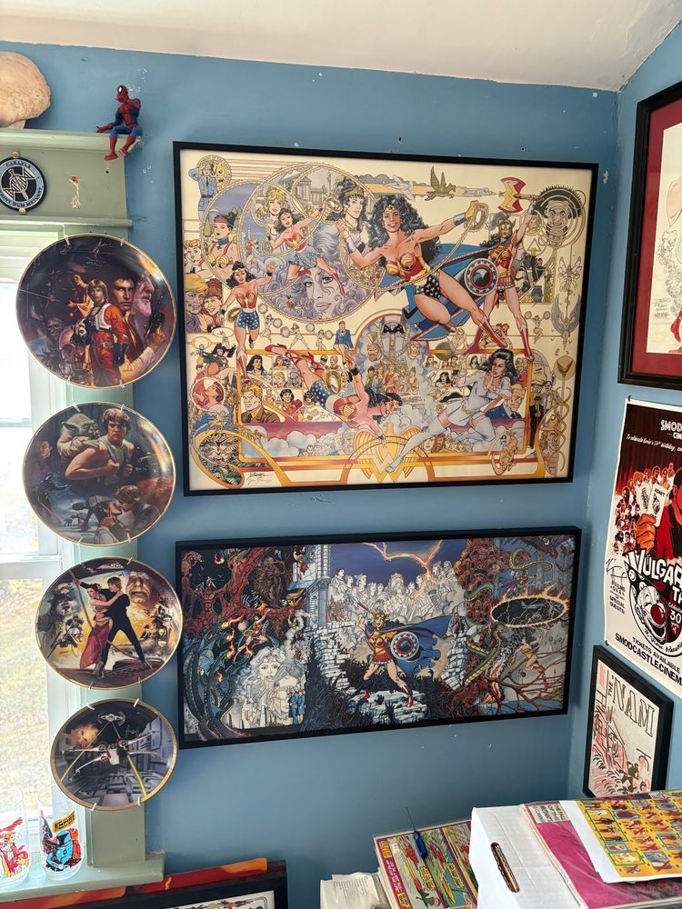 One corner of the comic room, with Star Wars plates and two Wonder Woman posters by George Pérez. 