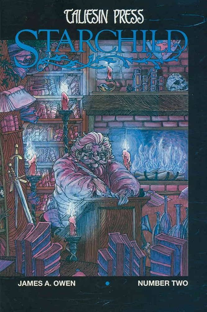 Starchild issue 2. A wizened old man sits in his library, a fire on the hearth, as books float around him. 