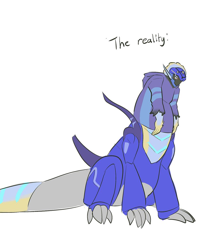 Another example of a Ceruledge-Miraidon-taur, featuring a character named A.J.. The Miraidon part of the taur is much chubbier than the previous example. The Ceruledge portion is wearing a purple hoodie. A.J. looks annoyed or perhaps exhausted.