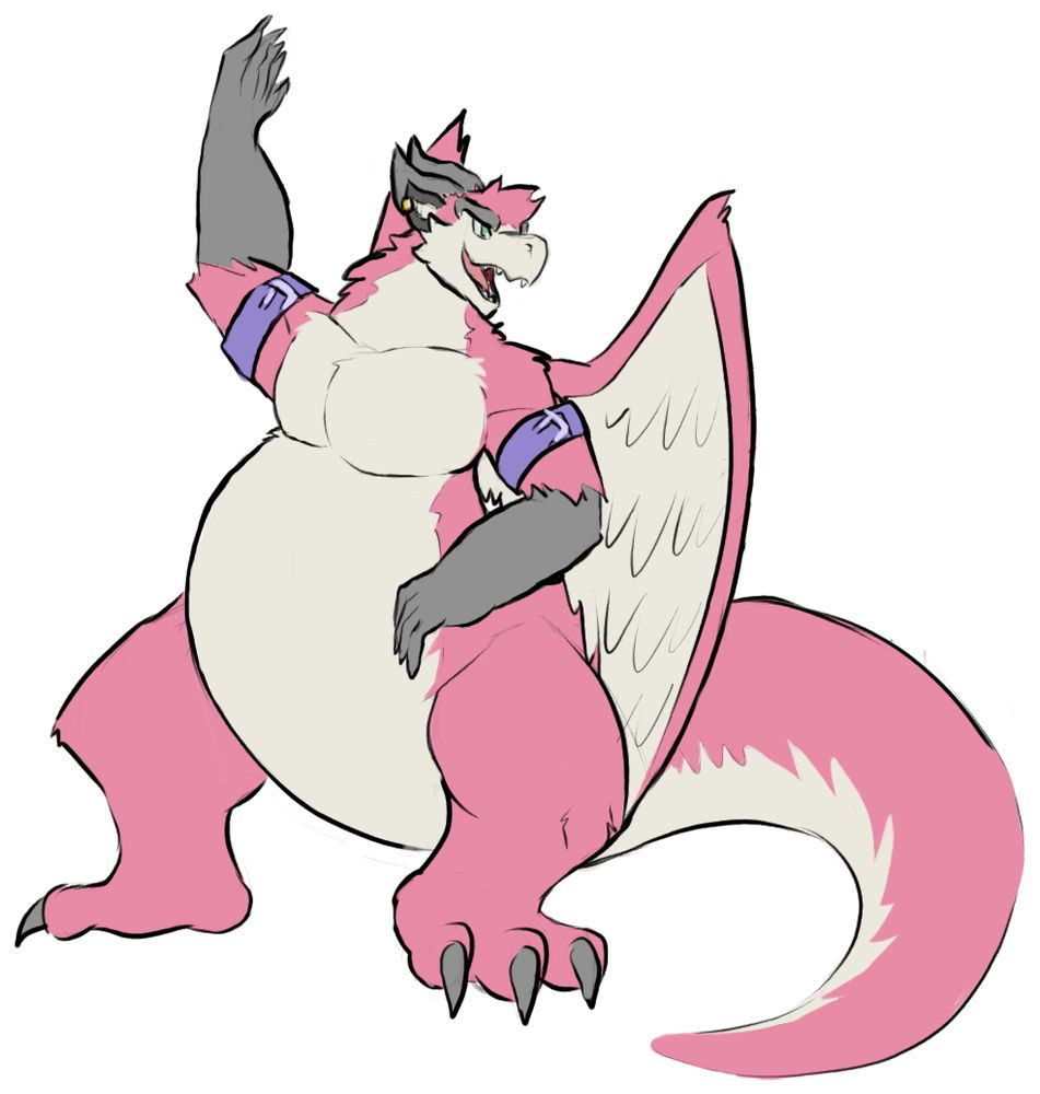 A kemono or anime styled chubby anthropomorphic dragon with pink fur, waving to someone off-frame.