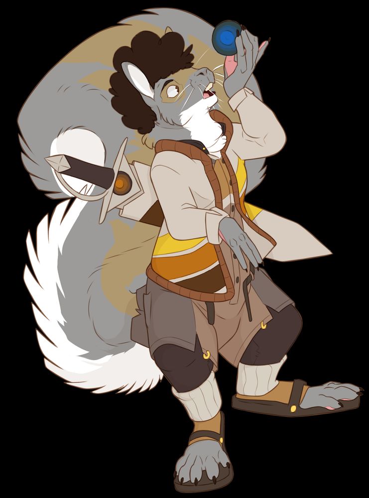 A squirrel wearing adventuring gear examines a glowing orb.