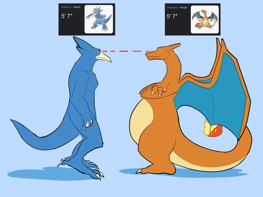 A golduck and a charizard are standing and looking at each other. Both pokemon are the same height, 5 foot 7 inches, so they are at the same eye level to each other.