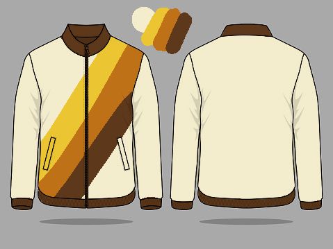 reference of a beige jacket with yellow, orange, and brown stripes going across it.