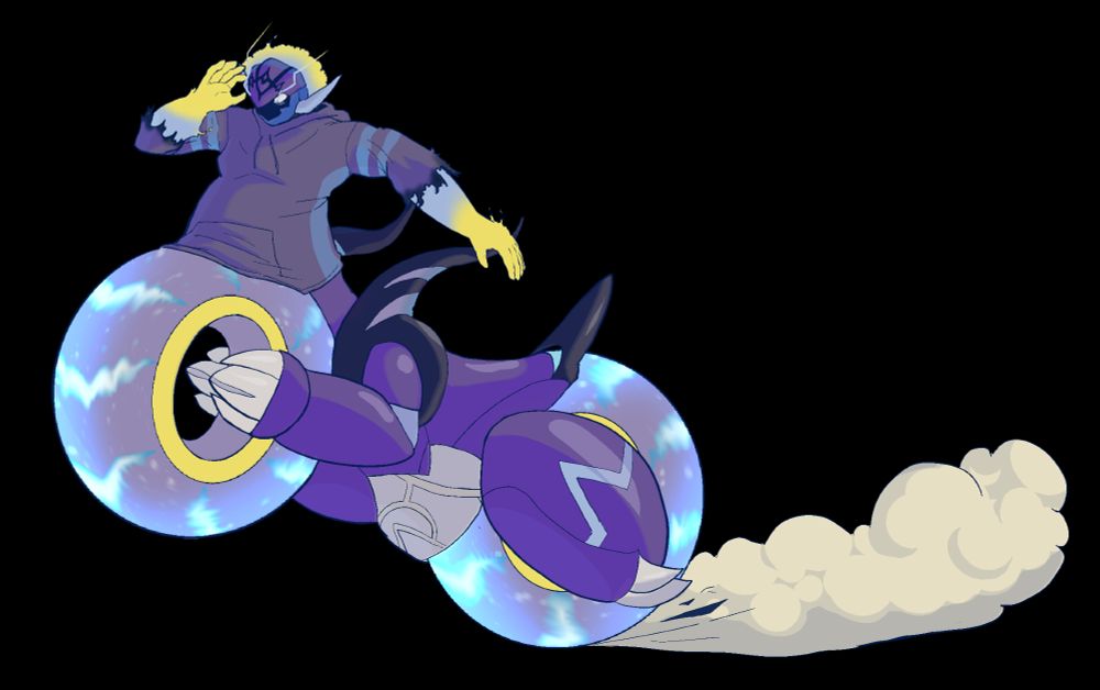 A.J. as the Ceruledge-Miraidon-taur, with the Miraidon part in "Drive mode", where it resembles an advanced futuristic electric motorbike. The bike part is performing a burnout, kicking up dust and smoke, much to AJ's unpreparedness.