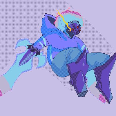 A Ceruledge OC, leaping through the air. The Ceruledge is wearing a purple hoodie and blue jeans.