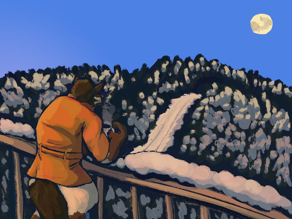 A werewolf is standing on a balcony, staring out to a hill with snowy trees, holding a cup of warm tea. It is sunrise, but the full moon is still visible in the sky with a bright yellow hue. Bright orange sunlight is reflecting off the snow in the scene.