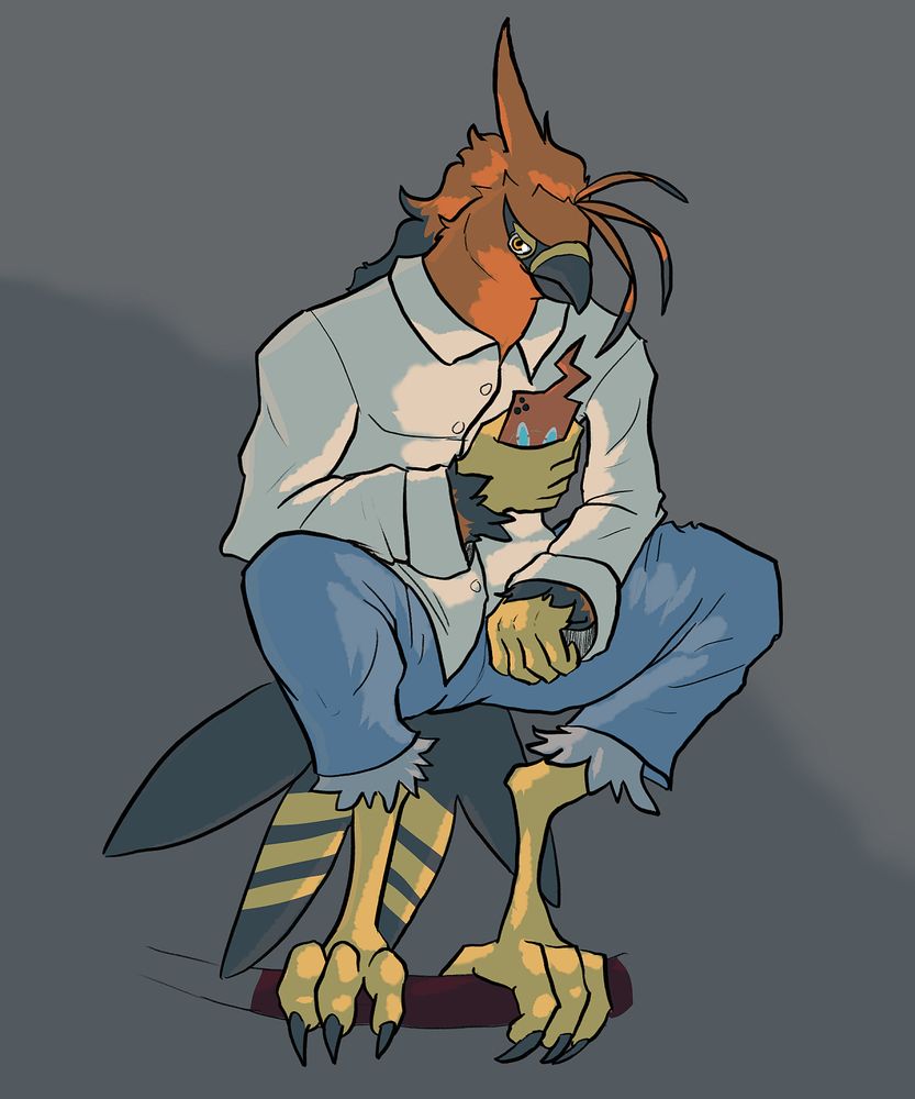 An anthropomorphic Talonflame, with long scraggly head-feathers, wearing a button-up shirt and jeans, is seen perched on a railing of some kind. They are holding a Rotom Phone and are illuminated by its glow.