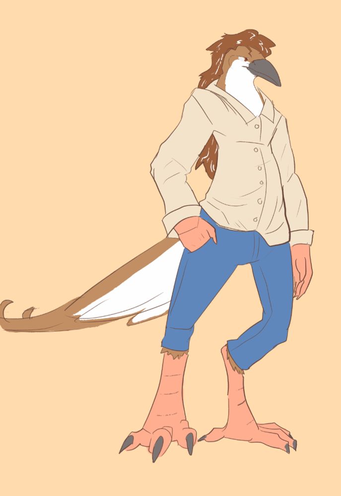An anthropomorphic pigeon in more casual wear. They are sticking their talon-hand in their pants pocket.
