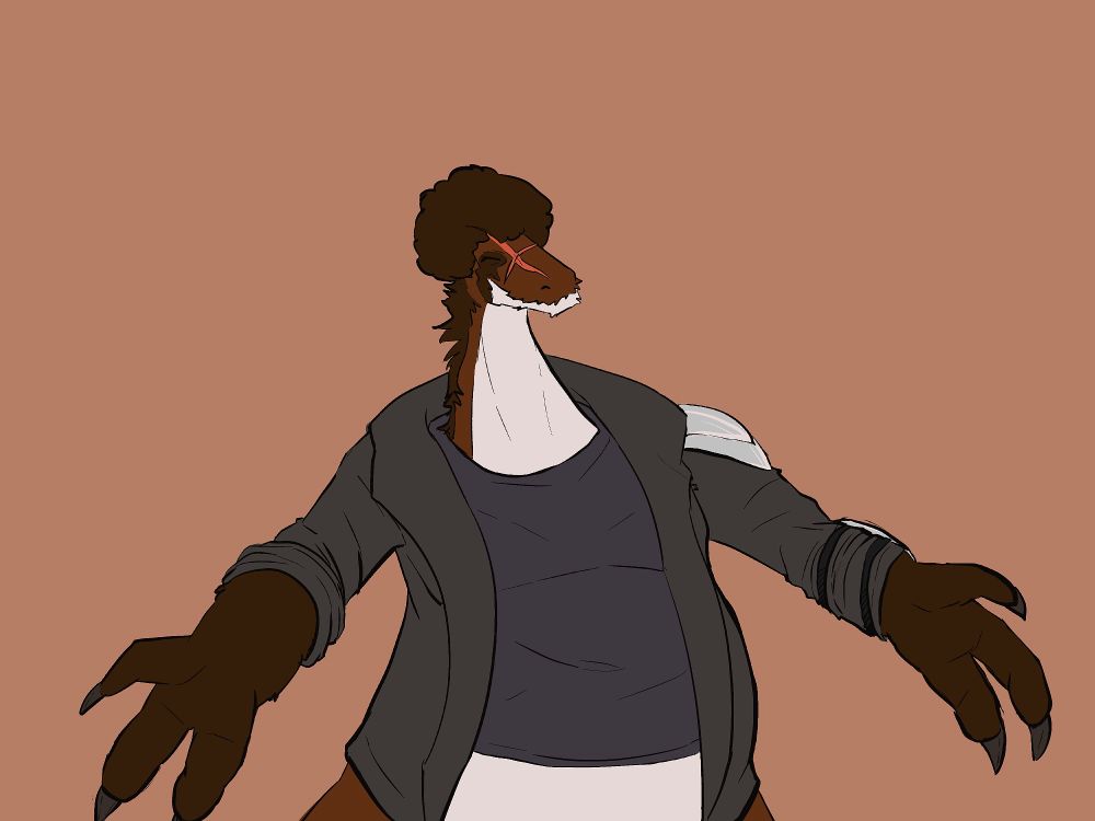 An anthropomorphic furred dragon wearing a coat and partial armor outstretches his arms for a hug.