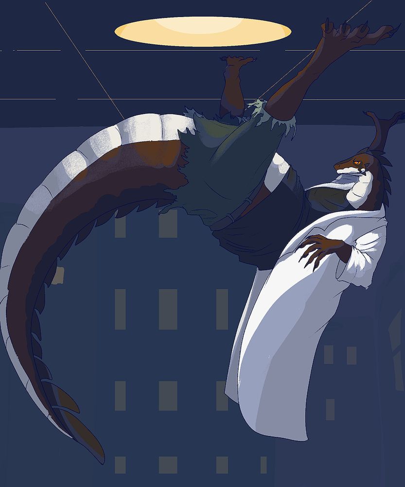 An anthropomorphic lizard in a lab coat is hanging from a ceiling, with his legs straddled around a ceiling light. He is looking unapprovingly at the viewer.