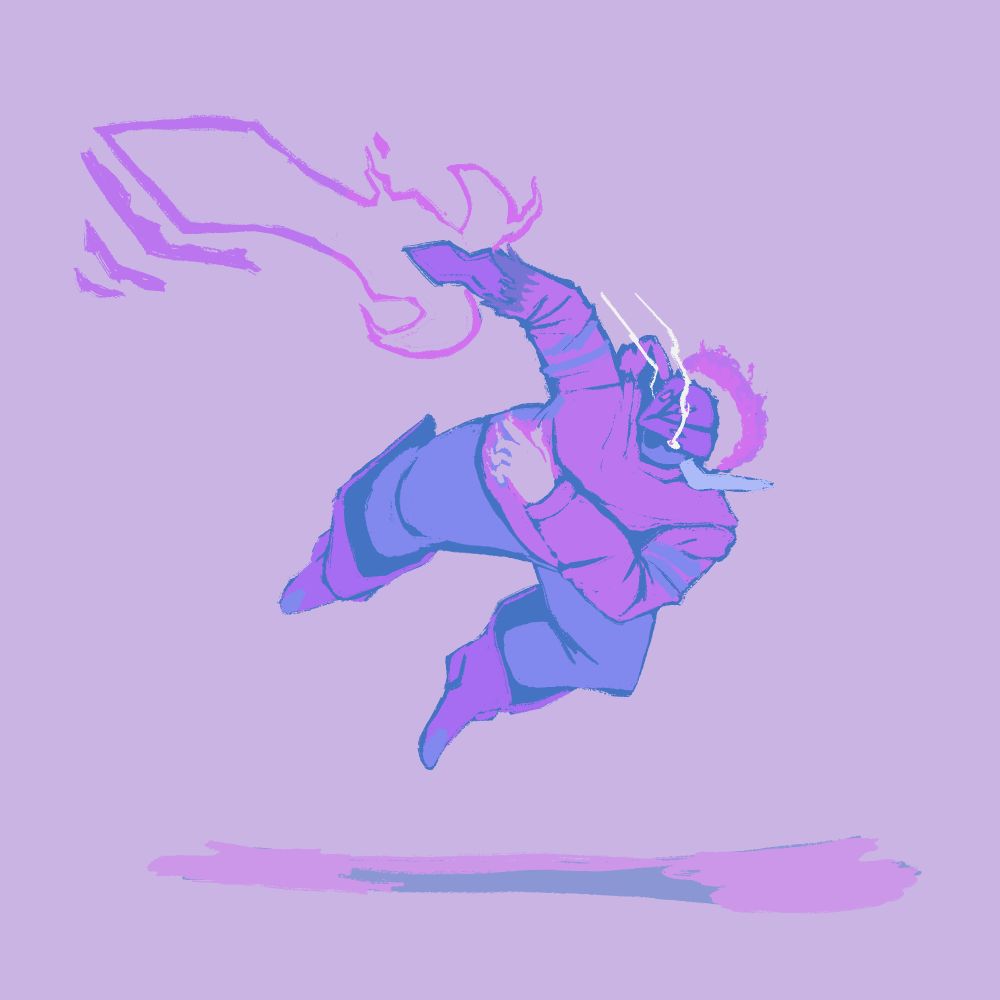 Limited-palette illustration of a Ceruledge levitating and swinging one of his sword-arms.