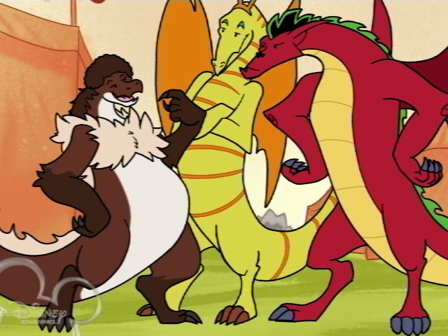 A fake screenshot of the Disney Channel Original Series "American Dragon: Jake Long". Three dragons — Jake, a red dragon; Fred, a yellow dragon; and A.J., a smaller brown wingless drake — are gathered, engaged in a meeting. While A.J. speaks casually, examining the claws on his hand, Jake appears intrigued by the presence of another American dragon at the Summit.